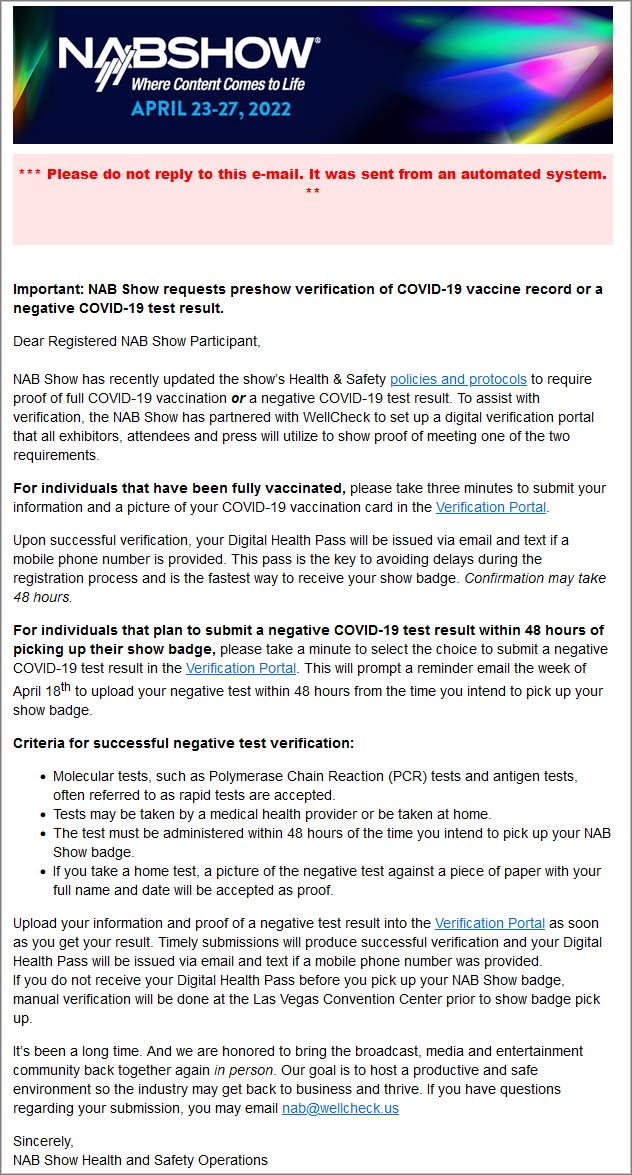 NAB Show Convention email telling attendees of vaccination requirements 