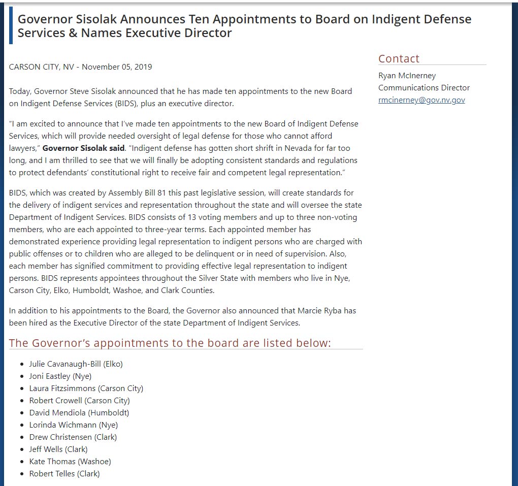 Governor Steve Sisolak announced that he has made ten appointments to the new Board on Indigent Defense Services (BIDS), including Robert Telles (Clark)